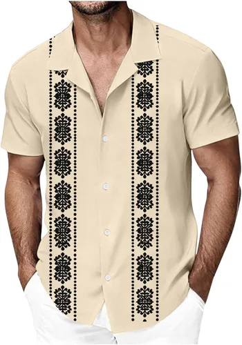 Vista 6 de Camisa de guayabera cubana para hombre, de manga corta, con botones, para playa, boda, casual, vacaciones, camisa hawaiana