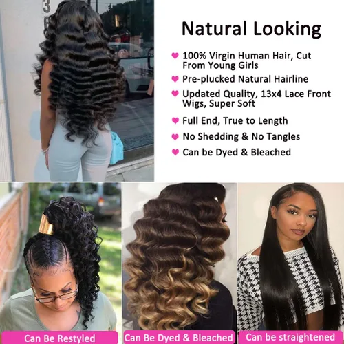 Vista 5 de Pelucas sueltas de cabello humano ondulado profundo con encaje frontal, prearrancado, pelucas de encaje frontal de 13 x 4 para mujeres negras