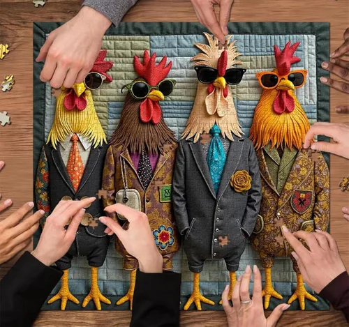 Vista 2 de Runway Roosters - Rompecabezas de 1000 piezas para adultos, rompecabezas de arte de gallo de moda, rompecabezas de animales difíciles desafiantes