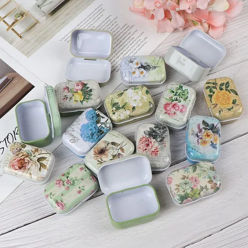 Vista 15 de 8 piezas de mini flores de estaño organizador de joyas caja de almacenamiento cajas decorativas pequeñas latas de metal floral con tapas