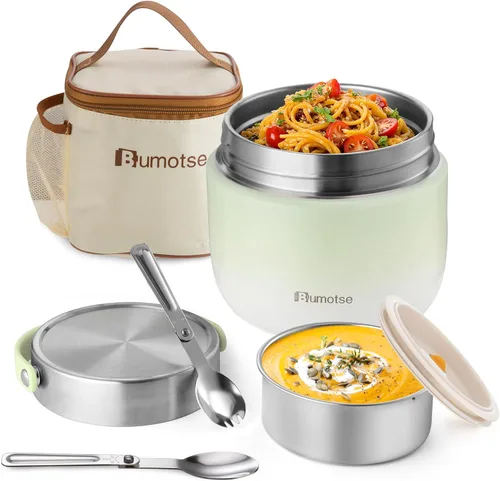 Vista 13 de Tarro de comida aislado de 40 onzas con 2 compartimentos, termo a prueba de fugas para comida caliente, boca ancha, acero inoxidable, incluye Negro