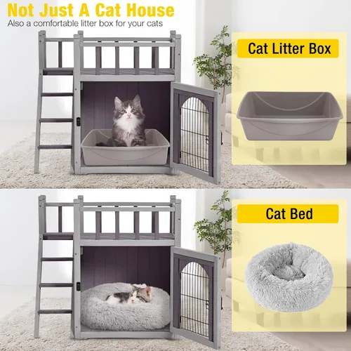 Vista 2 de Aivituvin Casa para gatos al aire libre con puerta de alambre con cerradura, refugio de madera para perros, condominio para interiores con balcón