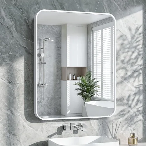 Vista 21 de Koonmi Espejo de baño, 30 x 36 pulgadas, espejo con marco de metal negro para baño, vidrio templado, antioxidante, espejo rectangular redondeado