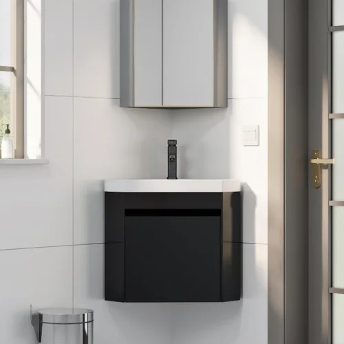 Vista 2 de eclife Combo de lavabo de baño esquinero de 22 pulgadas para espacio pequeño, armario flotante montado en la pared con fregadero de resina blanca
