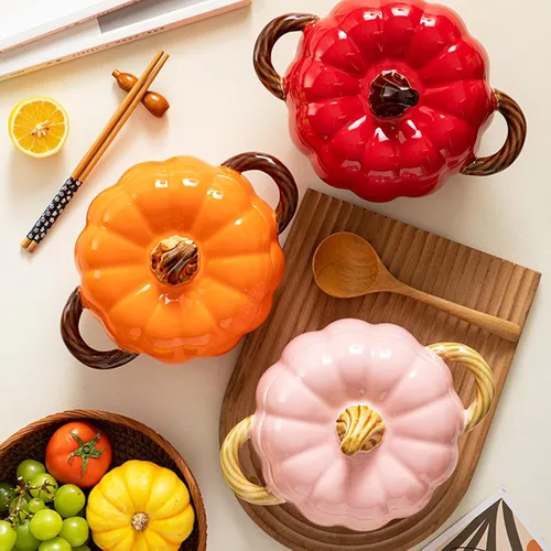 Vista 4 de Olla holandesa con tapa, cacerola de postre de cerámica de calabaza, mini fuente para hornear, lindo cuenco de calabaza, olla holandesa de cerámica