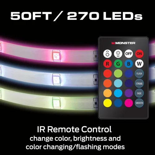 Vista 3 de Monster Tira de luz LED RGB de 50 pies con control remoto, 270 LED RGB, respaldo adhesivo, recubierto para protección contra la humedad, regulable