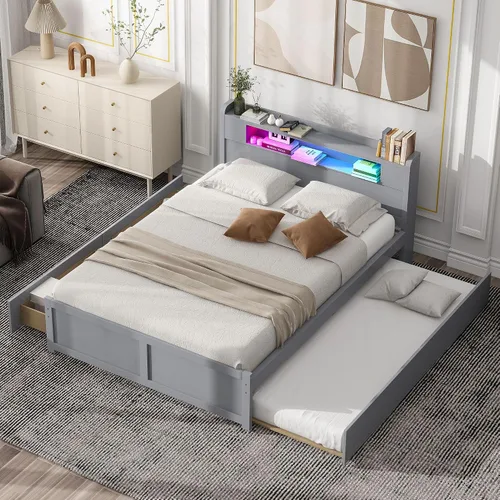 Vista 19 de VilroCaz Cama de plataforma multifunción de tamaño matrimonial con nido y cajones, plataforma de madera con cabecera de almacenamiento y enchufes
