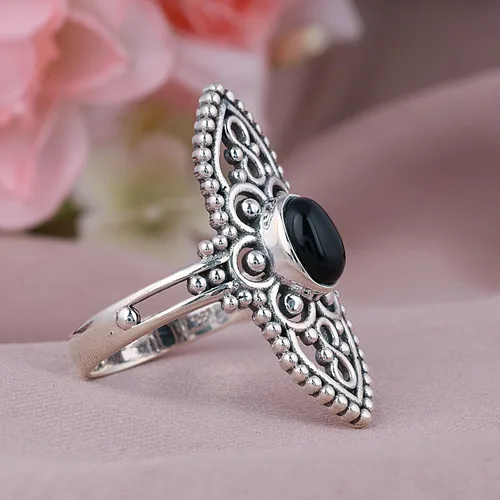 Vista 4 de Anillo ovalado de plata esterlina 925 con ónix negro y turquesa de 0.197 x 0.276 in, anillos de filigrana para mujer