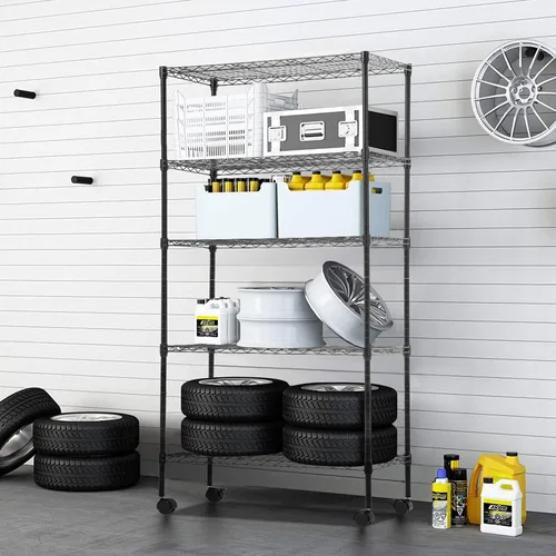 Vista 37 de FDW Estante de metal ajustable de 5 niveles con ruedas, capacidad de 250 libras, fácil montaje, ideal para espacios pequeños Negro