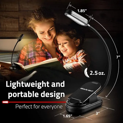 Vista 4 de GearLight Luz de libro recargable para leer en la cama – Lámpara LED con clip manos libres con 3 modos de luz, brillo ajustable, luz de lectura