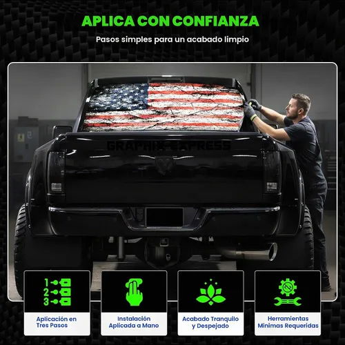 Vista 6 de GRAPHIX EXPRESS Calcomanía de la bandera estadounidense, adhesivo de vinilo patriótico rojo, blanco y azul para ventana trasera de camión, diseño