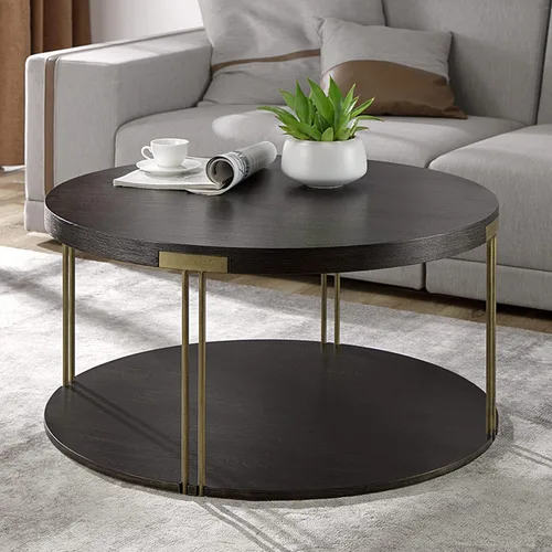 Vista 4 de Mesa de centro redonda con ruedas, mesa de té de centro industrial de 2 usos con estante de almacenamiento, mesa de cóctel circular de 35 pulgadas