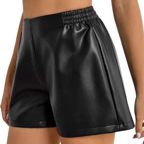 Vista 2 de Everbellus Pantalones cortos casuales de piel sintética para mujer, de cintura alta, pantalones cortos de piel sintética