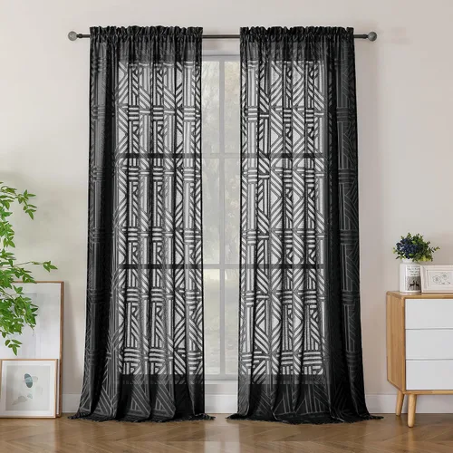 Vista 91 de Simplebrand Cortinas traslúcidas negras de cocina de 24 pulgadas de largo, 2 paneles, filtrado de luz, geométrico jacquard con textura, cortinas