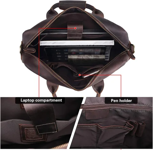 Vista 4 de Polare - Maletín de cuero para hombre, bolsa de mensajero de viaje de negocios de 15.6 pulgadas, cremallera metálica YKK