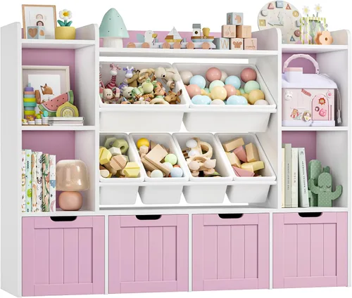Vista 6 de FINETONES Organizador de almacenamiento de juguetes de 55.1 pulgadas con 6 cubos de juguetes, organizador grande de juguetes, estantería para niños