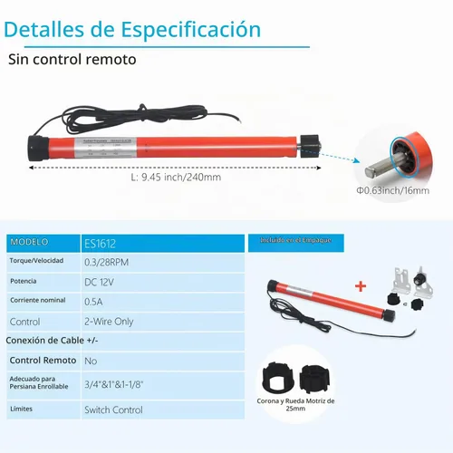 Vista 2 de Rollerhouse DC12V ES1612 - Persianas de motor tubulares controladas por interruptor de 2 cables para persianas enrollables de mini RV, convierte