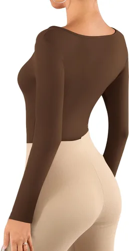 Vista 3 de MANGOPOP Women Asymmetrical Neck Long Sleeve Basic T shirt Thong Bodysuit Tops
