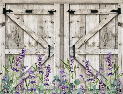 Vista 3 de LB Telón de fondo de fotos de madera rústica de 5 x 3 pies, puerta de granero vintage con flores moradas y hojas verdes, telón de fondo de lavanda