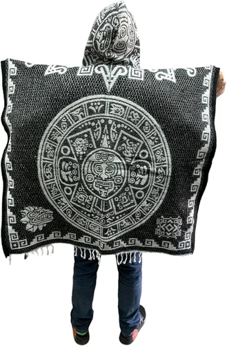 Vista 3 de CAPUCHA ADULTO AZTECA PONCHO, CALENDARIO AZTECA, GABAN, HECHO EN MÉXICO Negro, Negro