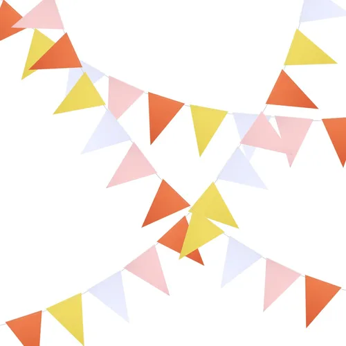 Vista 4 de Guzon Banderines de fiesta de 30 pies, color naranja, rosa y amarillo, banderines para colgar en triángulos para bodas, baby shower, decoración