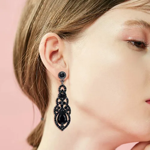 Vista 3 de BriLove - Pendientes colgantes de novia con diseño de lágrima, estilo Art Deco, huecos y de candelabro para mujer negro (Black Black-Tone)