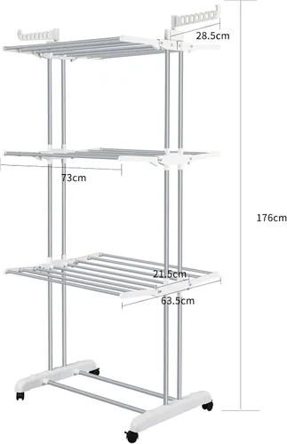 Vista 5 de Estante de secado de ropa, 3 niveles, multifuncional, grande, para caballos, perchero ajustable de acero inoxidable, colgador de ropa con dos alas