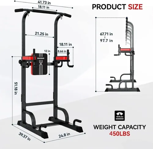 Vista 7 de Pooboo Power Tower Dip Station Pull Up Bar for Fitness Home Gym Workout,450 Pounds Multi-Function Adjustable Height Fitness Strength Training