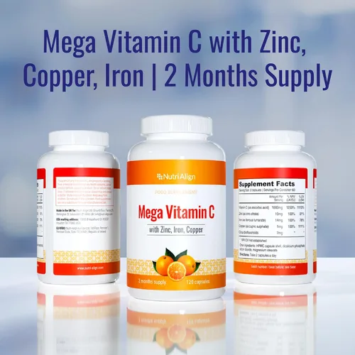 Vista 6 de Nutri-Align Mega Vitamina C 120 cápsulas de vitamina C de alta resistencia de 1000 mg - VIT C y suplemento de zinc, hierro y cobre Suplementos