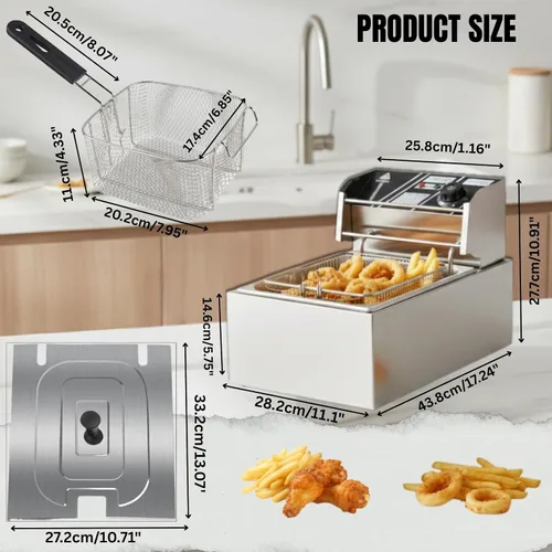 Vista 3 de Freidora eléctrica de 6 litros de acero inoxidable de un solo tanque comercial con canasta, control de temperatura de 2500 W, freidora de encimera