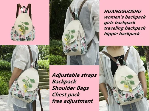 Vista 15 de HUANGGUOSHU Mochila de algodón tejida de algodón bohemio con bordado de lona estilo bohemio con múltiples bolsillos retro linda mochila cartera