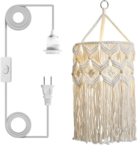 Vista 12 de Bioaqua Pantalla de Lámpara Colgante Boho, Luz Colgante de Macramé, Luminaria Boho Hecha a Mano con Cable de Enchufe para Hogar, Sala de Estar