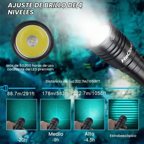 Vista 2 de 3000LM IPX8 Linterna de Buceo Impermeable 4 Modos Buceo Luz de Buceo SST25 LED Beads, 328Ft Submersible Depth, Shockproof Aluminum Alloy, 15.17Oz