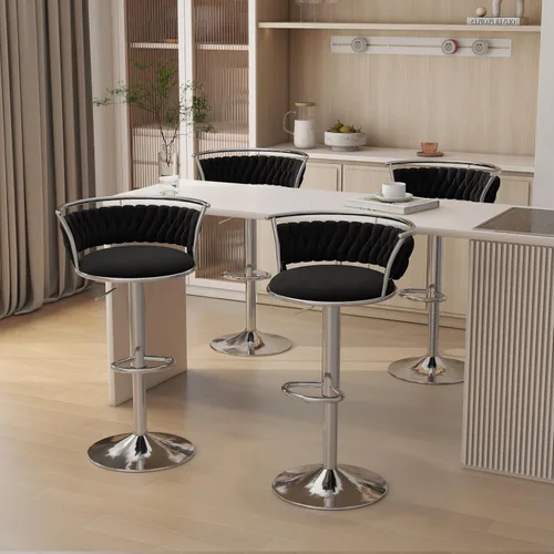 Vista 8 de Juego de 2 taburetes de bar giratorios de 360°, silla de bar de terciopelo ajustable a altura de mostrador moderna, taburete de metal plateado