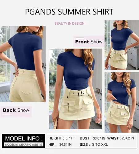 Vista 4 de PGANDS Camiseta corta de manga corta de verano para mujer, cuello redondo, básica, lisa, Y2K, ajustada