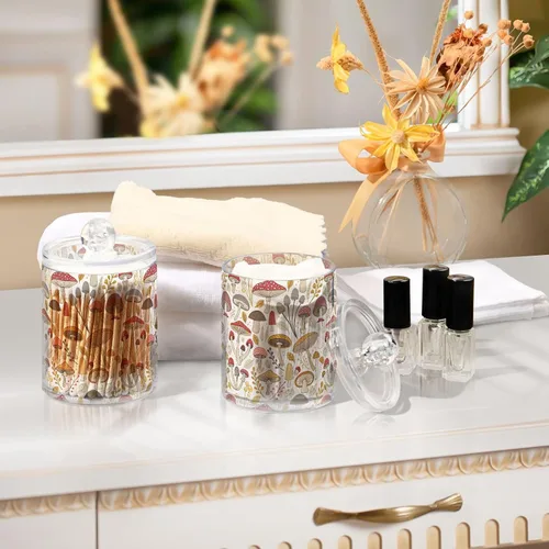 Vista 7 de Paquete de 2 tarros de boticario para baño, coloridos setas, dispensador de plástico transparente con tapa para bolas de algodón, hisopo de algodón