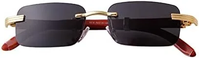 Vista 3 de Laurinny Lentes de sol rectangulares de metal dorado con lente tintada, patillas de madera de los años 90, gafas retro para mujeres y hombres