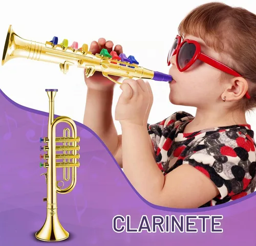 Vista 4 de Juego de clarinete de saxofón de juguete de 2 piezas para niños Oro