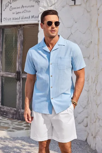 Vista 2 de COOFANDY Camisa casual de lino de algodón para hombre, de manga corta, con botones, para verano y playa