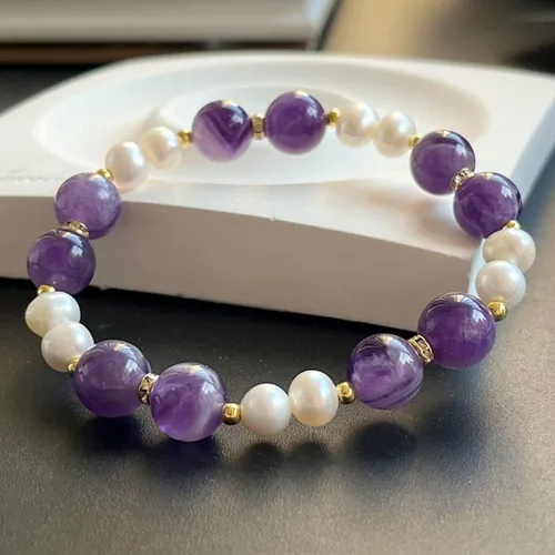 Vista 2 de Cristal ámbar Pulsera elástica de cuentas de cristal de oro de 14 quilates para mujer, Gema, cristal