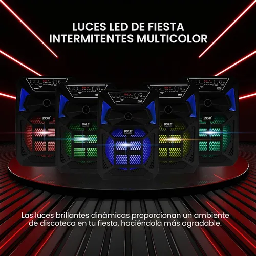 Vista 4 de Pyle Altavoz PA Bluetooth y sistema de micrófono, altavoz de karaoke portátil con micrófono con cable, luces LED de fiesta integradas, radio FM