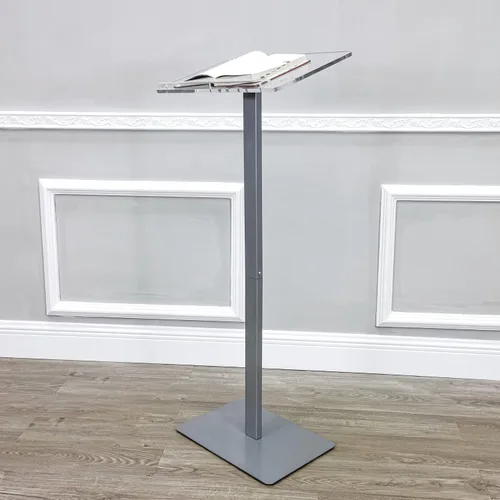 Vista 4 de FixtureDisplays® Podio acrílico para piso, poste de aluminio y base - transparente y plata 119741