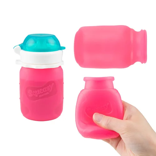 Vista 2 de Squeasy Snacker Rosa - Bolsa de alimentos reutilizable de silicona a prueba de derrames, de 3.5 onzas, para alimentos blandos y líquidos, agua