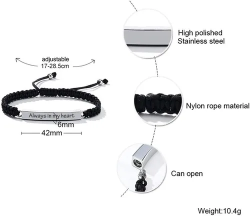 Vista 13 de Pulsera de urna personalizada para cenizas, recuerdos de joyería de cremación para mujeres y hombres, pulsera ajustable de cuerda tejida hecha a