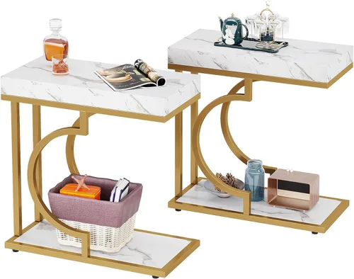 Vista 10 de Tribesigns Mesa auxiliar estrecha para sofá, mesa auxiliar en forma de C con marco de metal, mesas de noche modernas, mesas de sofá pequeñas