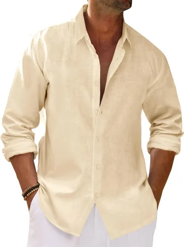 Vista 7 de Runcati Camisa de manga larga con botones para hombre, de algodón, lino, casual, con cuello, hippie, para la playa