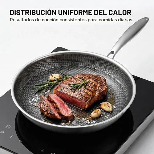 Vista 5 de Sartén de acero inoxidable de 11 pulgadas, sartén de panal de abeja 18/10 de 3 capas, compatible con inducción, sartén de acero inoxidable apta