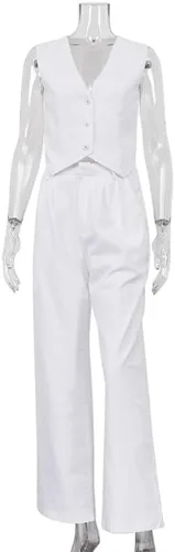 Vista 6 de Sumleno Conjunto de 2 piezas de algodón y lino para mujer, cuello en V profundo, chaleco Y2K, pantalones de pierna ancha, ropa estética de dinero