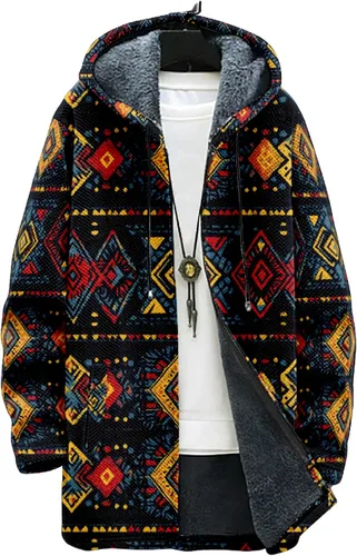 Vista 24 de Chaqueta de forro polar con capucha para hombre, con estampado azteca, de algodón pesado, con cremallera, manga larga, chaqueta con capucha