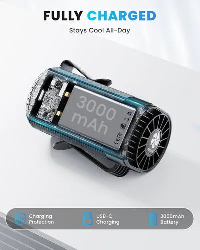 Vista 3 de Ventilador portátil, mini ventilador de cintura recargable personal, funciona con batería de 3000 mAh, tiempo máximo de trabajo de 24 horas